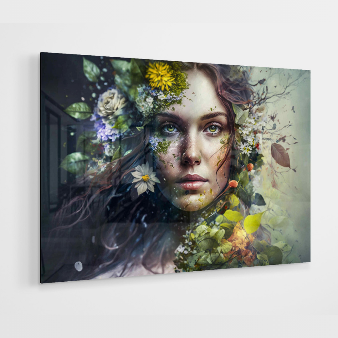 Glasschilderij - I'am In Flowers - 120x80cm