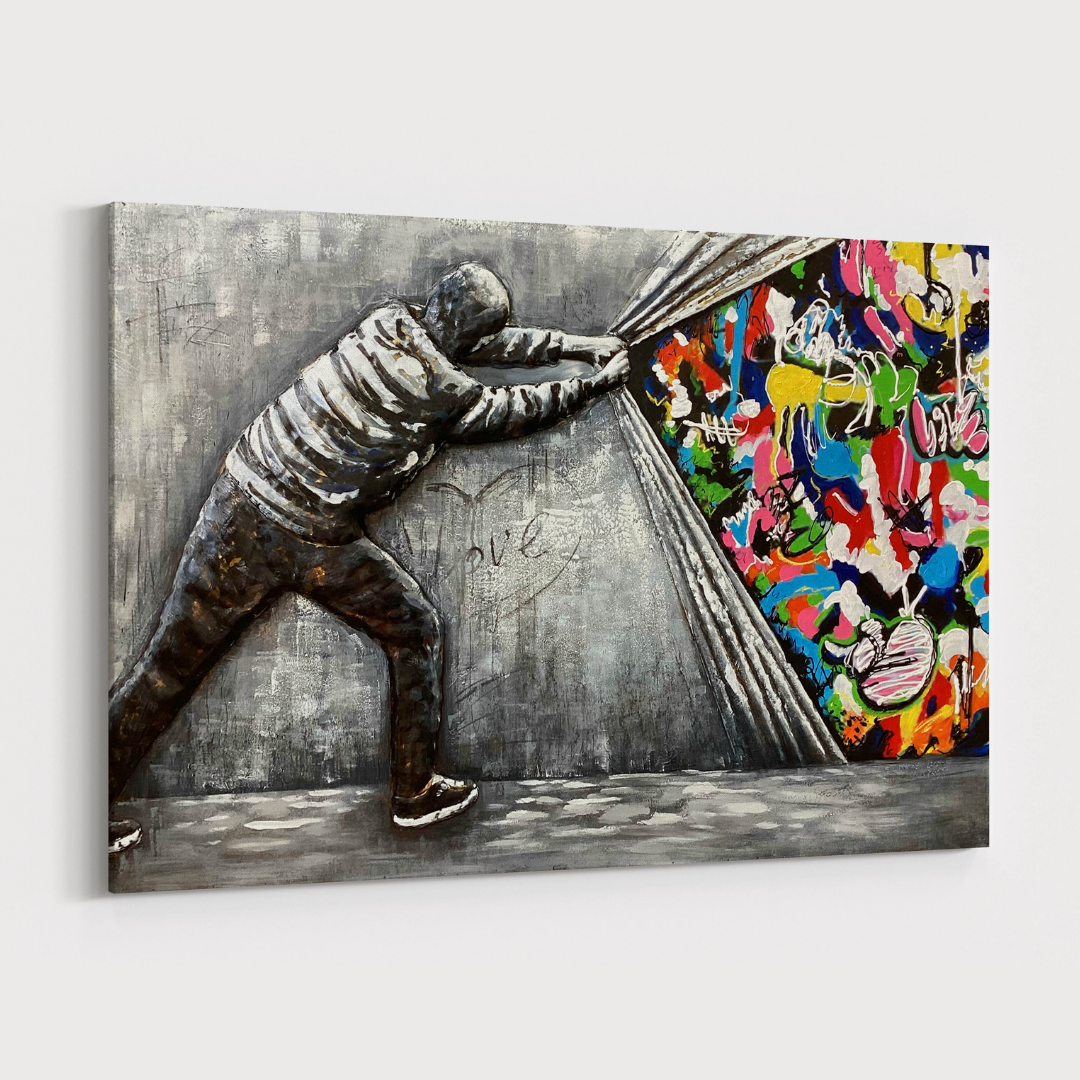 3D Schilderij Metaal - Bansky graffiti – 120x80cm