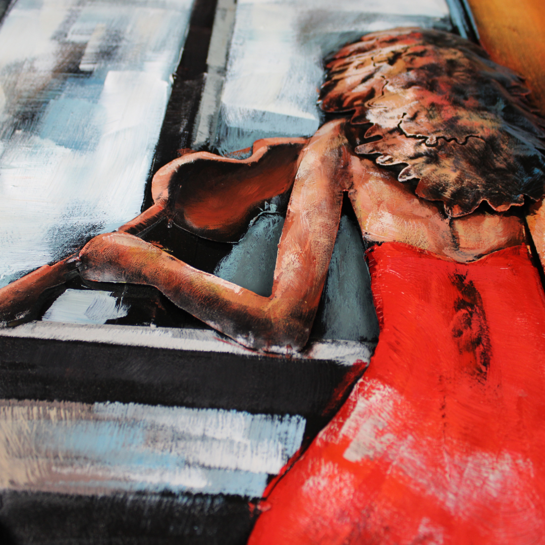 3D Schilderij Metaal - Piano woman – 100x100cm