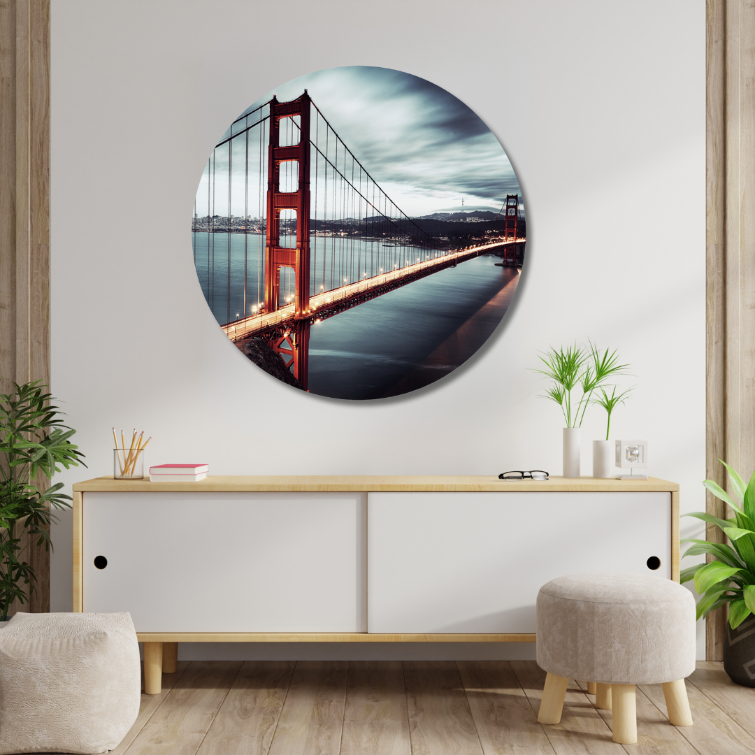 Glasschilderij - Golden gate - 100cm rond