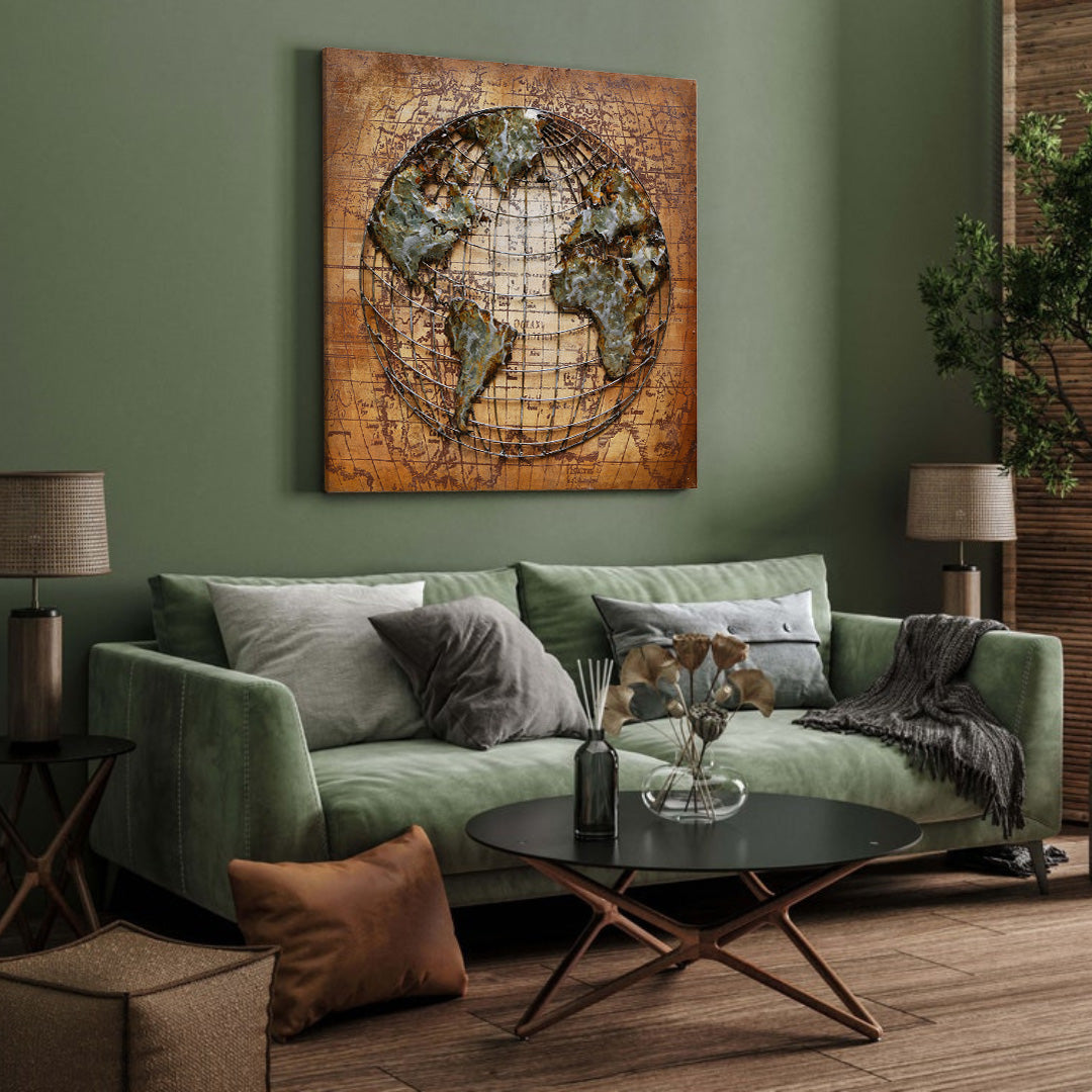 3D Schilderij Metaal - Wereld bol – 100x100cm