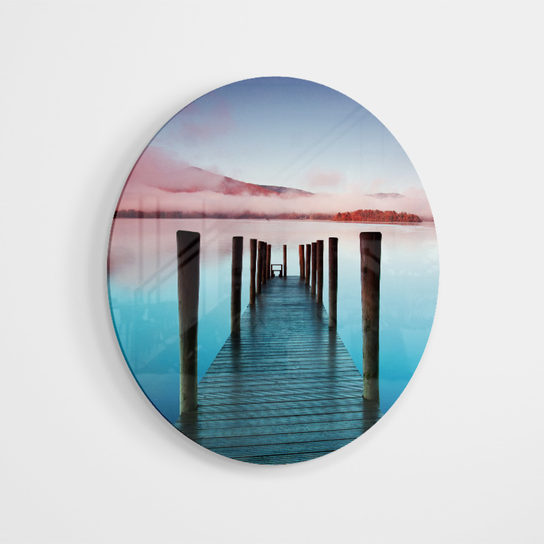 Glasschilderij - Pier met zonsondergang - 80cm rond