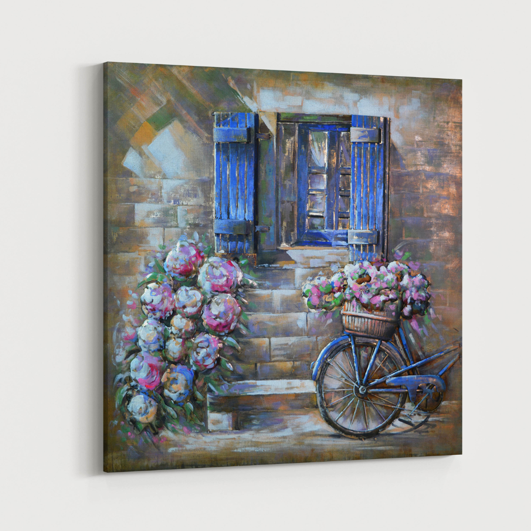3D Schilderij Metaal - Bicycle with flowers – 100x100cm
