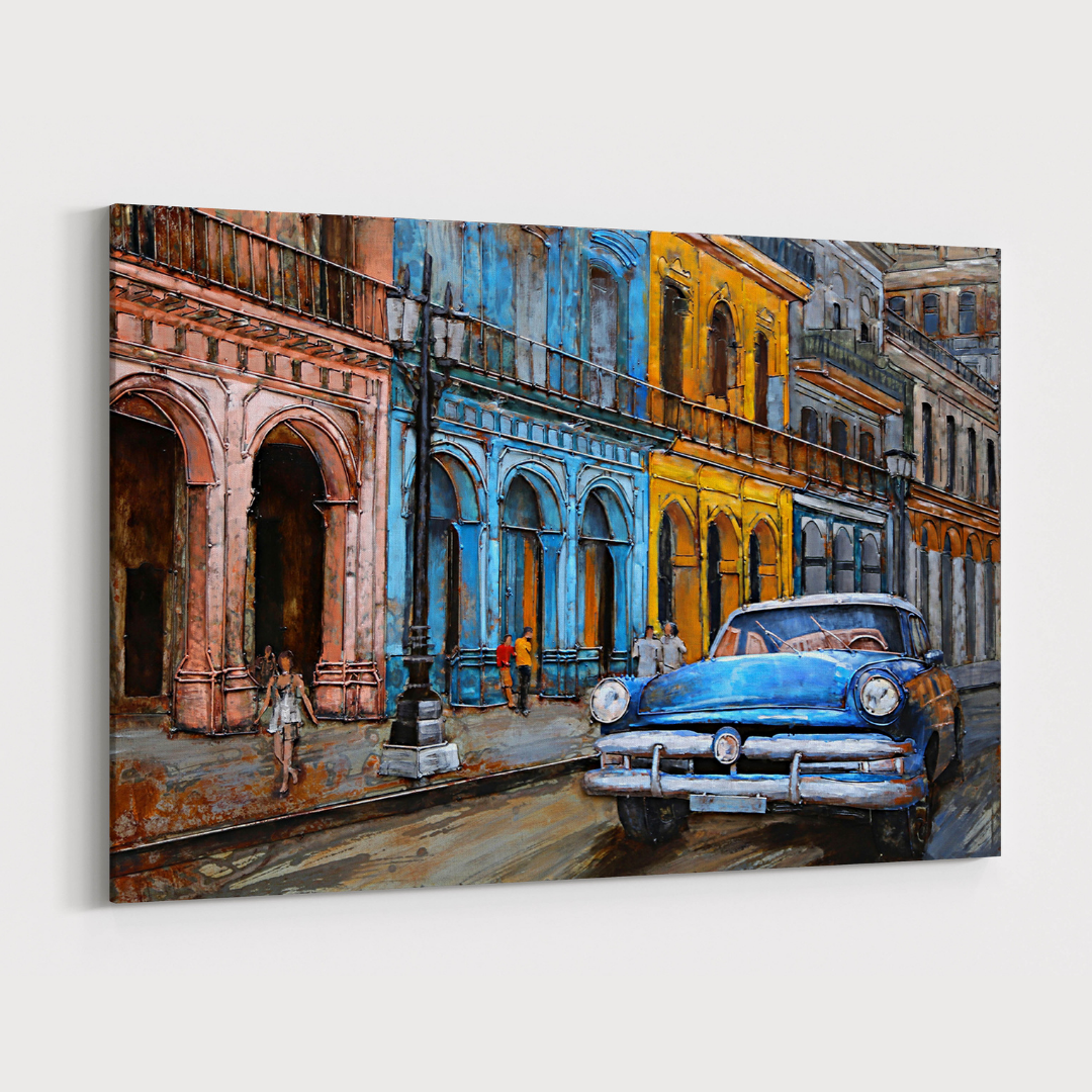 3D Schilderij Metaal - A blue car – 120x80cm