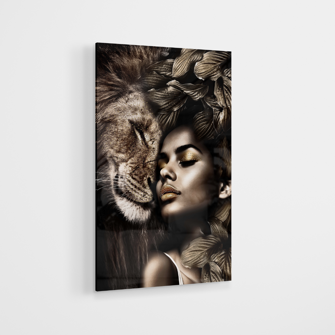 Strass Glasschilderij - Women With Lion - 80x120cm