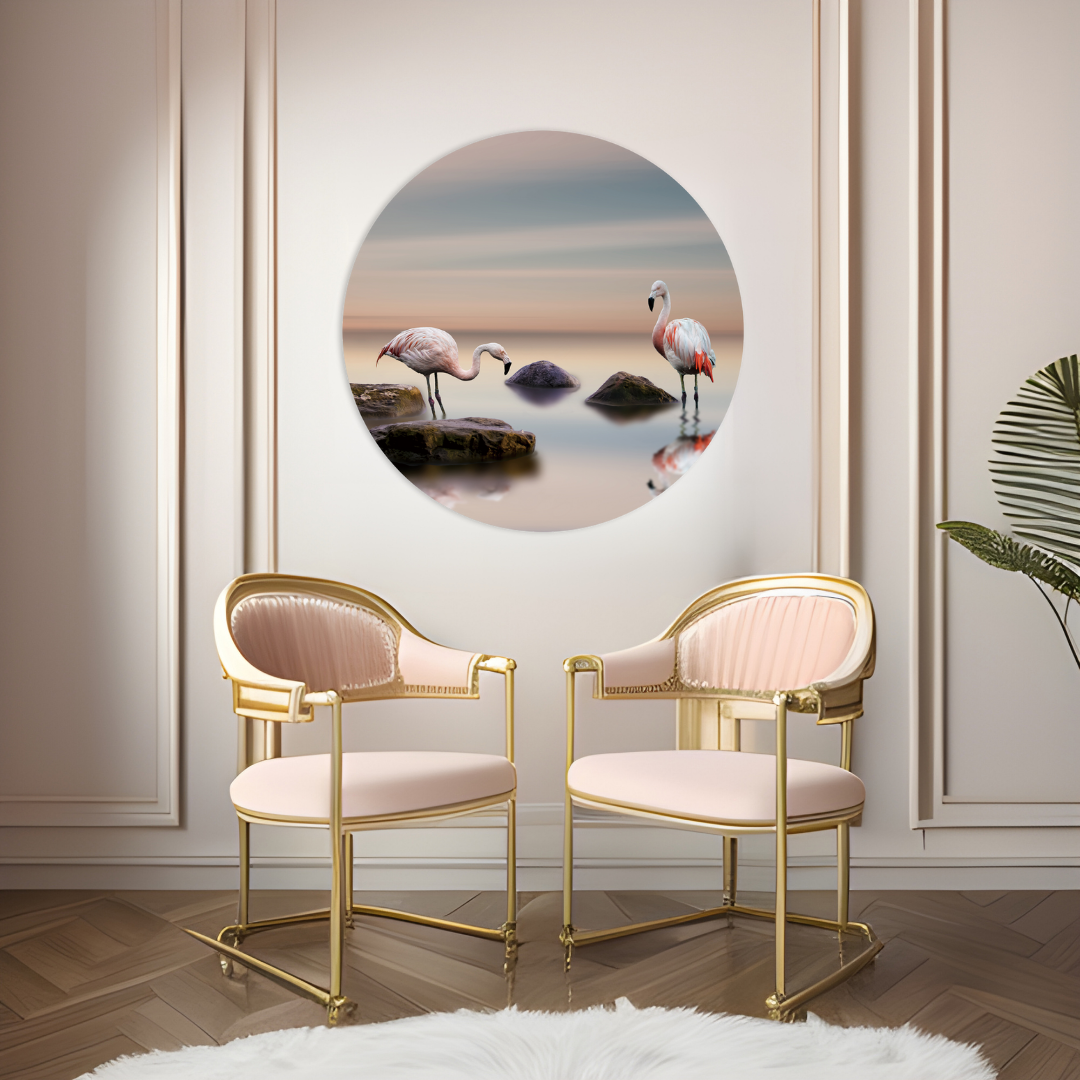 Glasschilderij - Flamingo´s - 80cm rond
