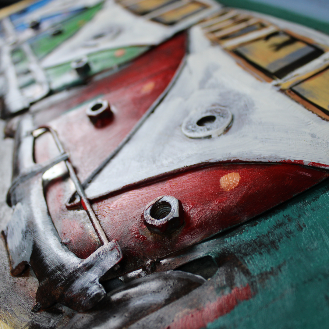 3D Schilderij Metaal - Vijf busjes – 60x150cm