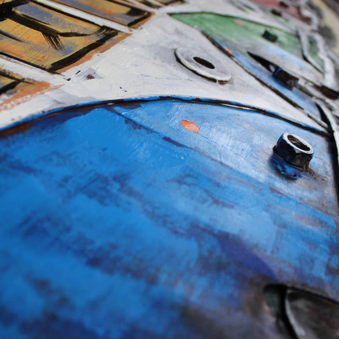 3D Schilderij Metaal - Vijf busjes – 60x150cm