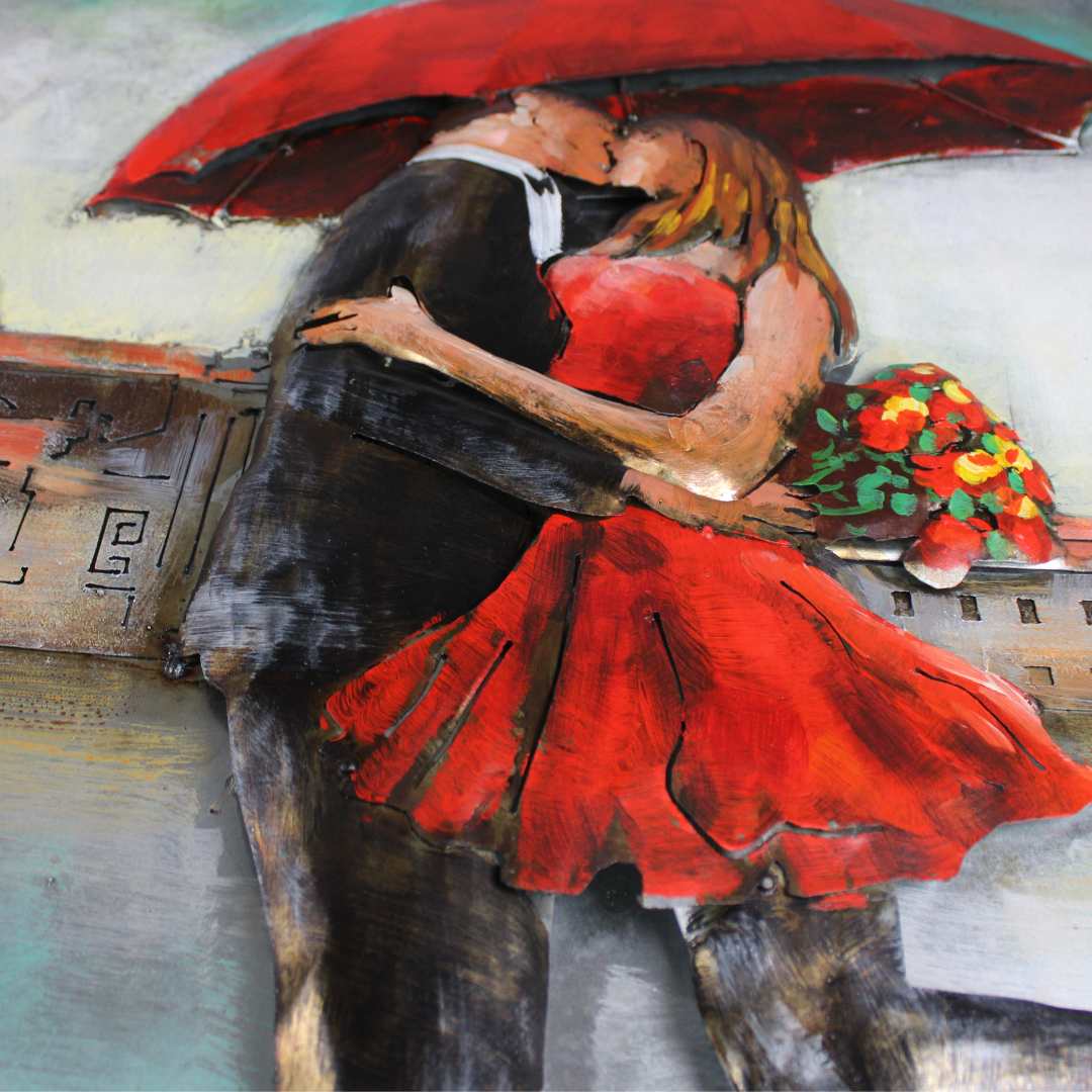 3D Schilderij Metaal - Romantiek in de regen – 120x80cm