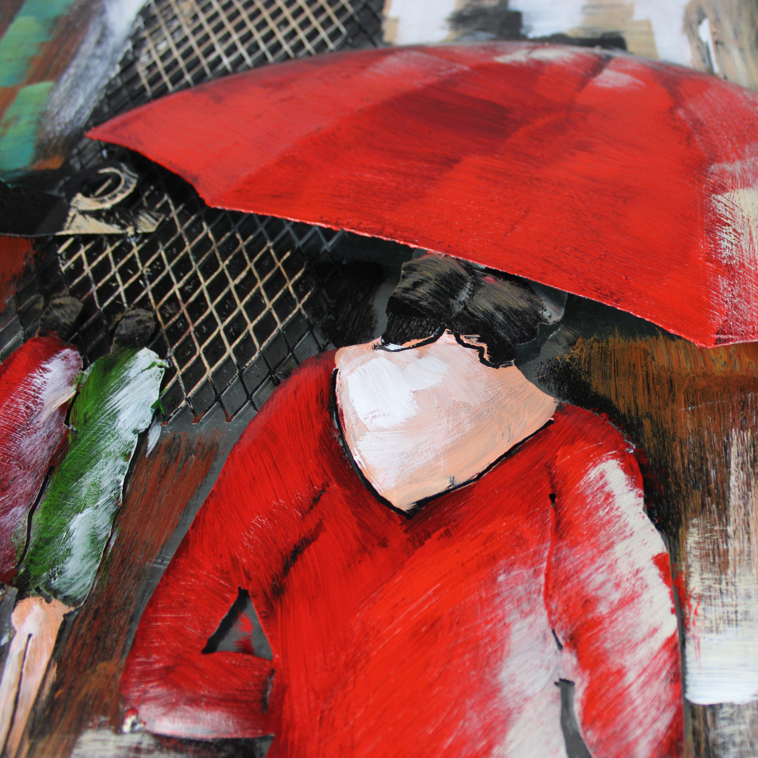 3D Schilderij Metaal - The red umbrella – 120x80cm