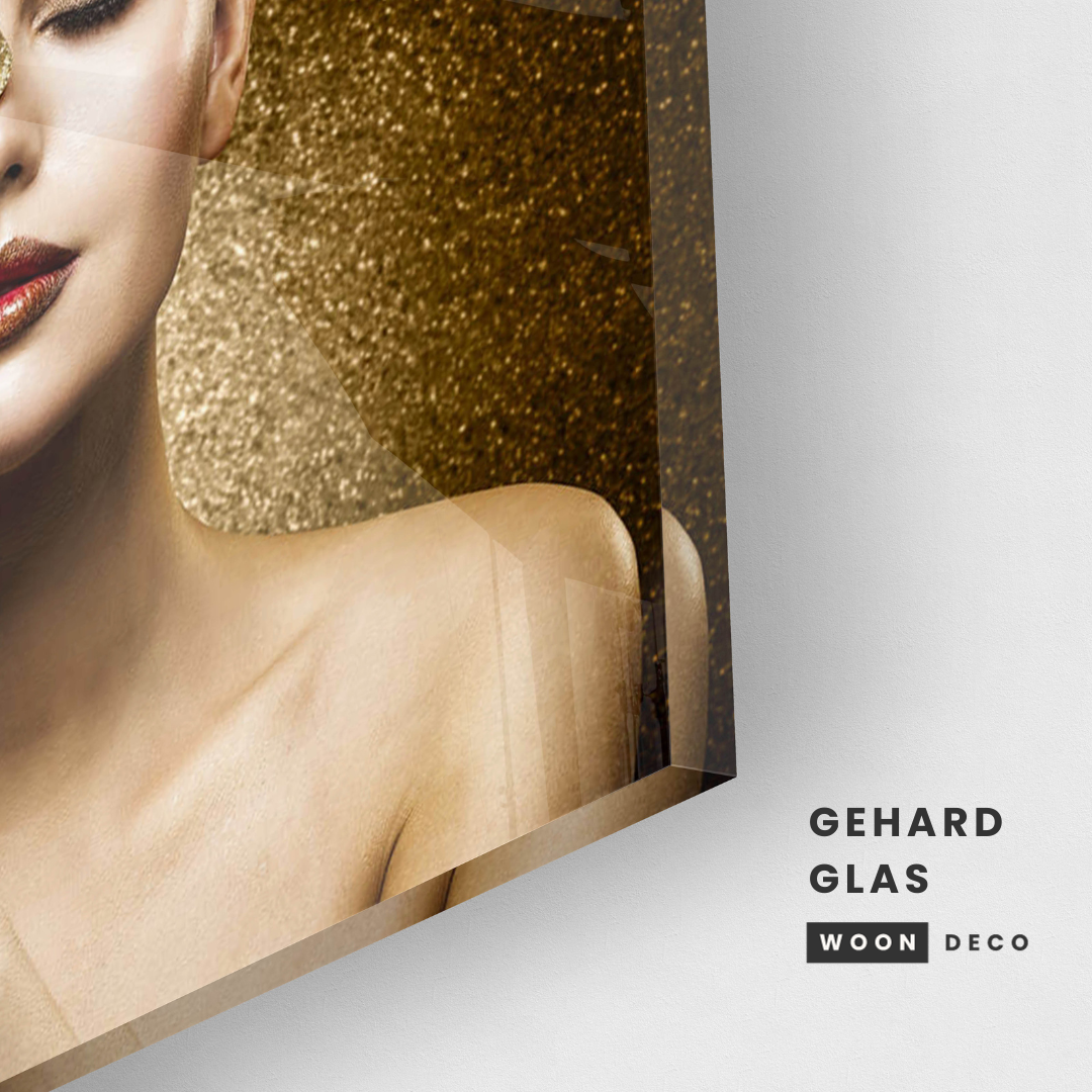 Glasschilderij - Woman with golden flower - 80x80cm