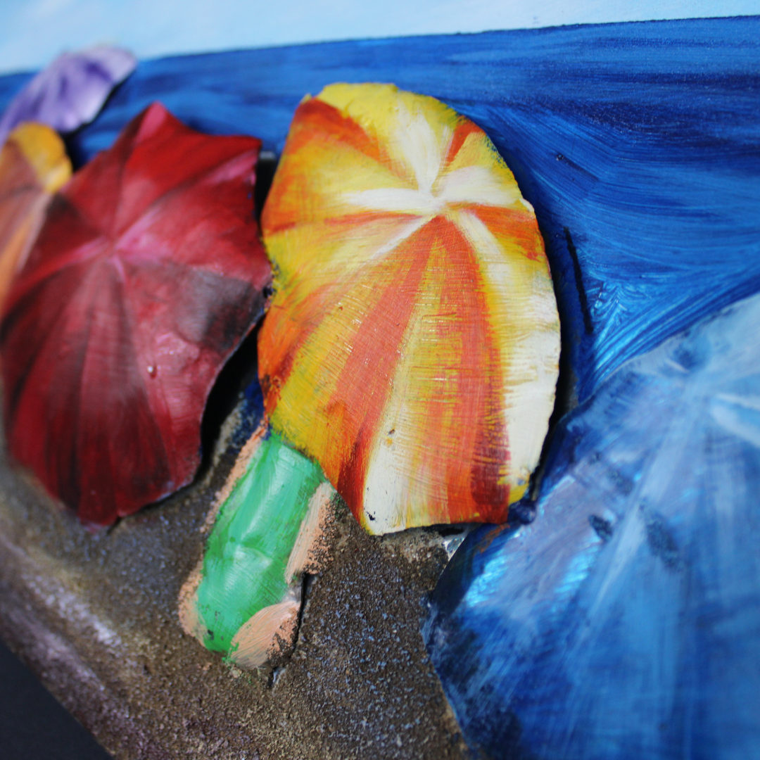 3D Schilderij Metaal - Parasols op het strand - 30x90cm