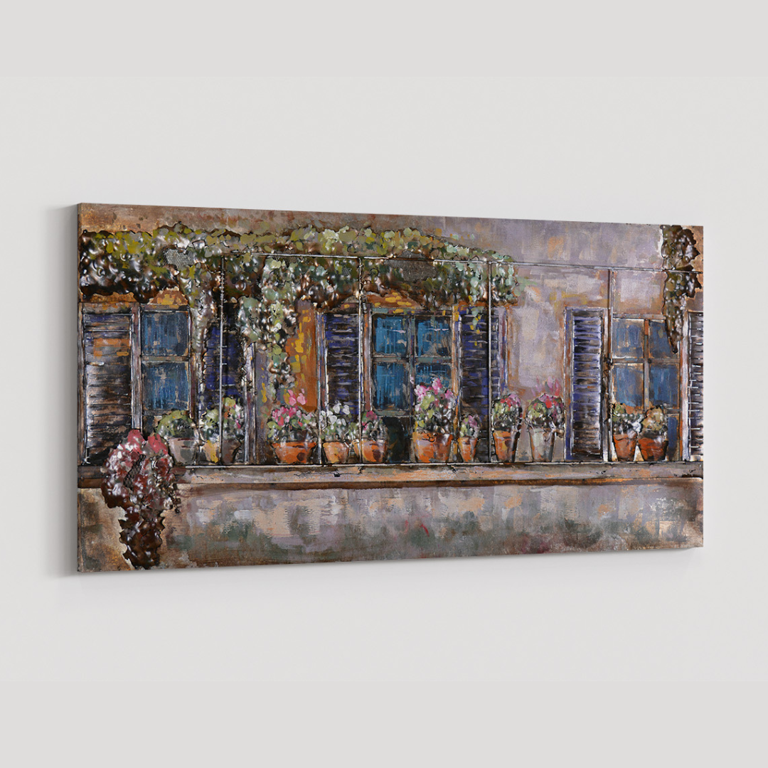 3D Schilderij Metaal - Balkon bloemen – 60x150cm