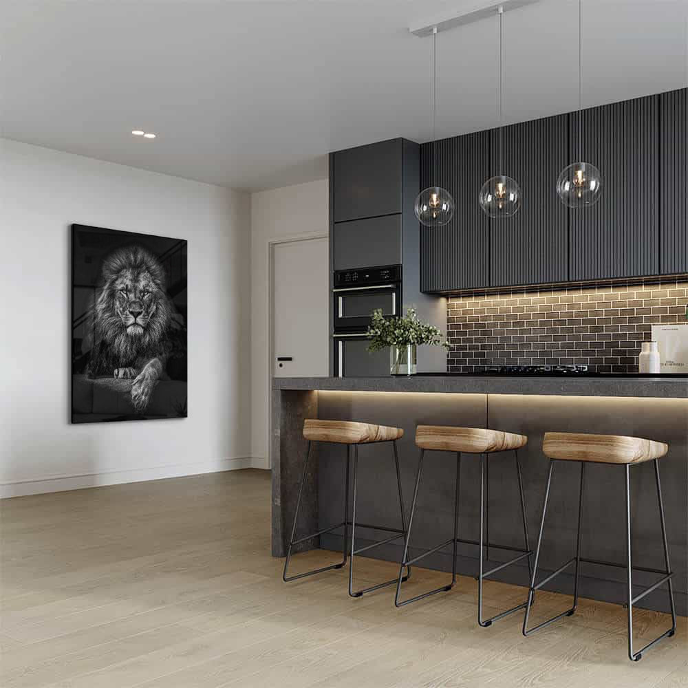 Glasschilderij - Black and white Lion - 80x120cm