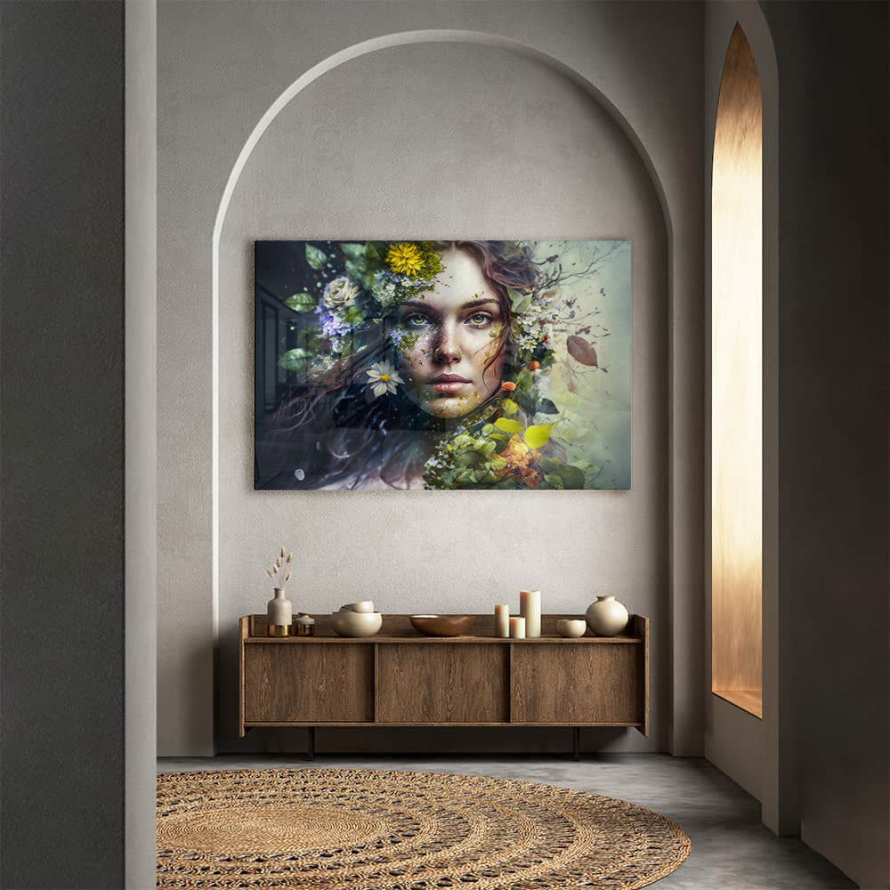 Glasschilderij - I'am In Flowers - 120x80cm