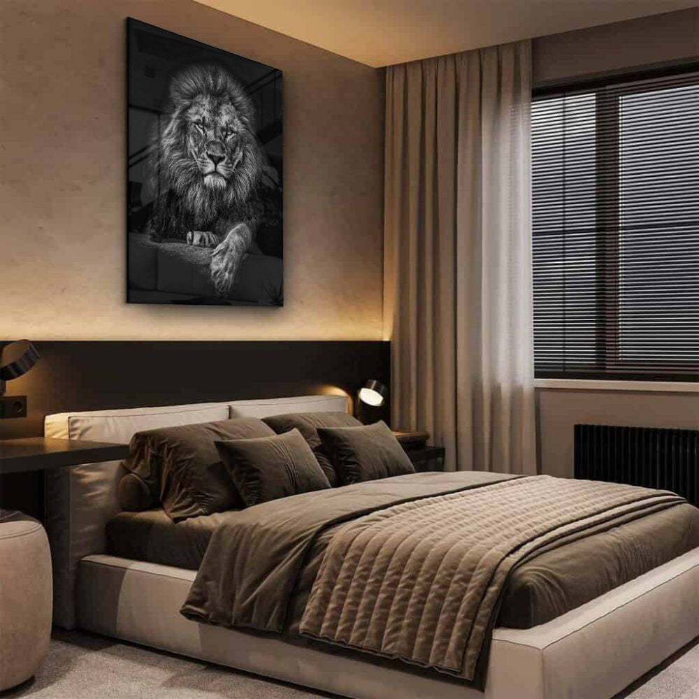 Glasschilderij - Black and white Lion - 80x120cm