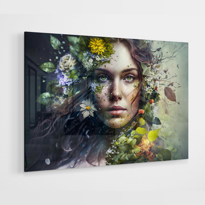 Glasschilderij - I'am In Flowers - 120x80cm