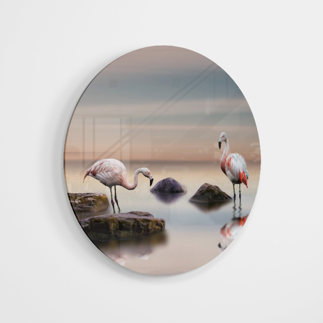 Glasschilderij - Flamingo´s - 80cm rond