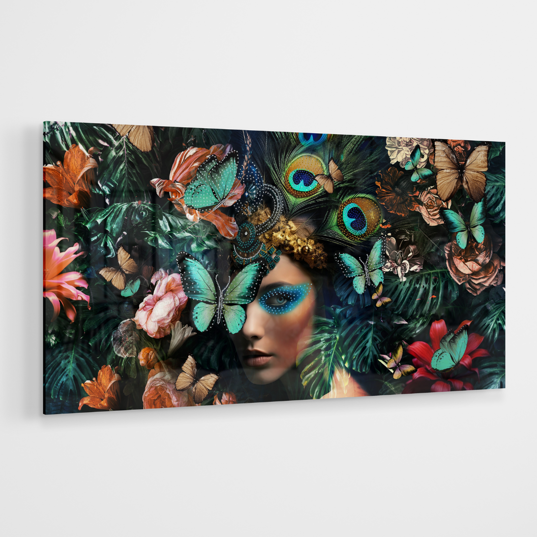 Strass Glasschilderij - Floral Woman - 80x160cm