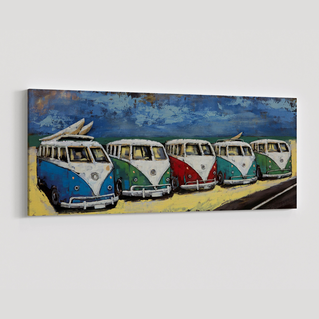3D Schilderij Metaal - Vijf busjes – 60x150cm