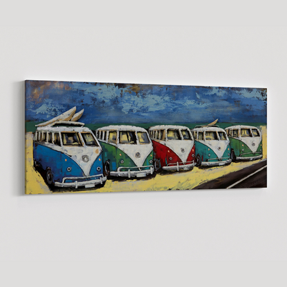 3D Schilderij Metaal - Vijf busjes – 60x150cm