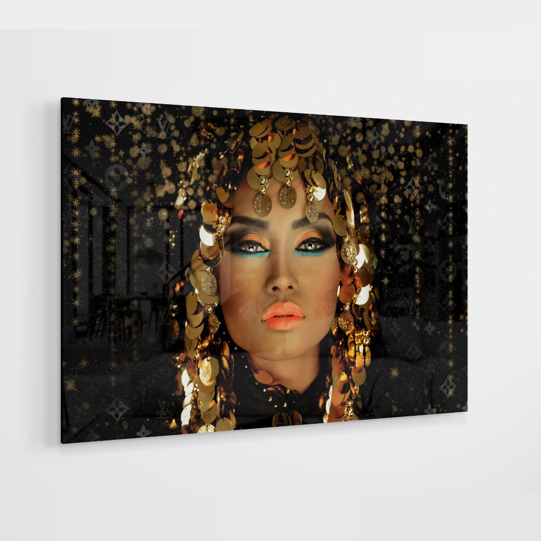 Glasschilderij - Coin Woman - 80x120cm