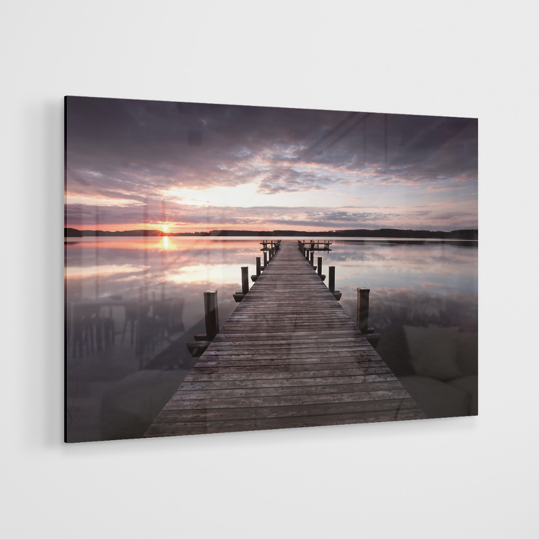 Glasschilderij - Pier met zonsondergang - 120x80cm
