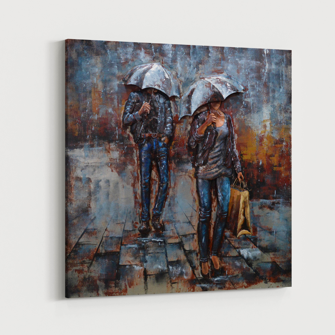 3D Schilderij Metaal - Mensen met paraplu - 100x100cm