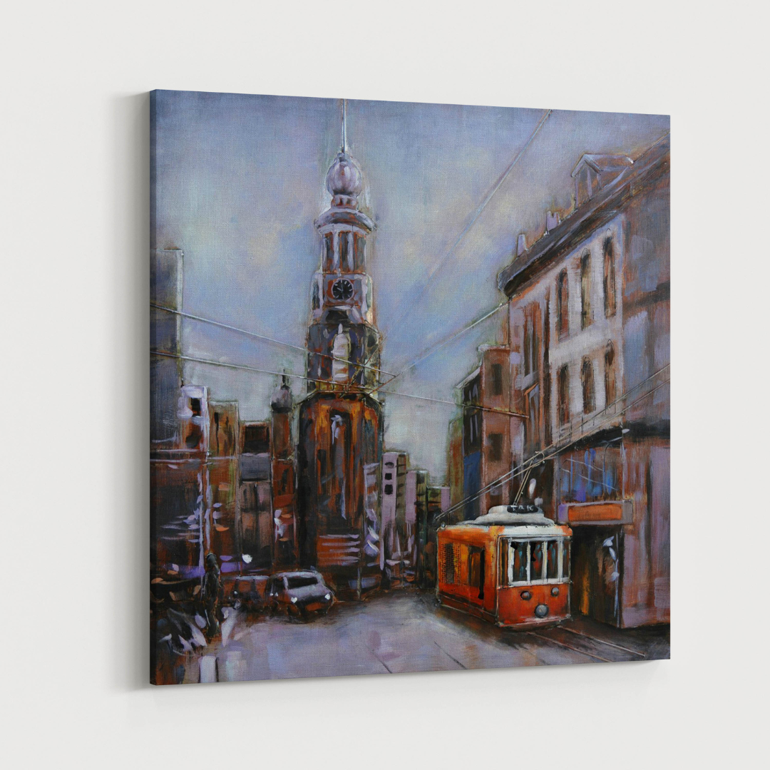 3D Schilderij Metaal - Stad met kerktoren – 100x100cm