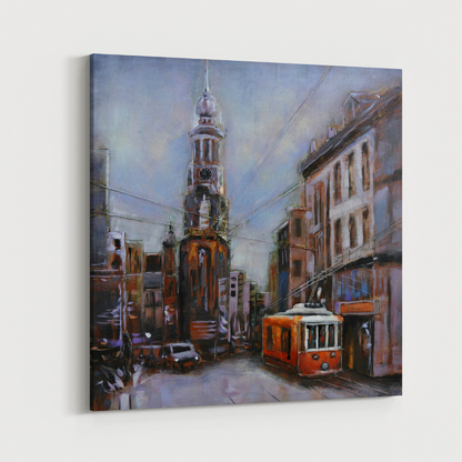 3D Schilderij Metaal - Stad met kerktoren – 100x100cm