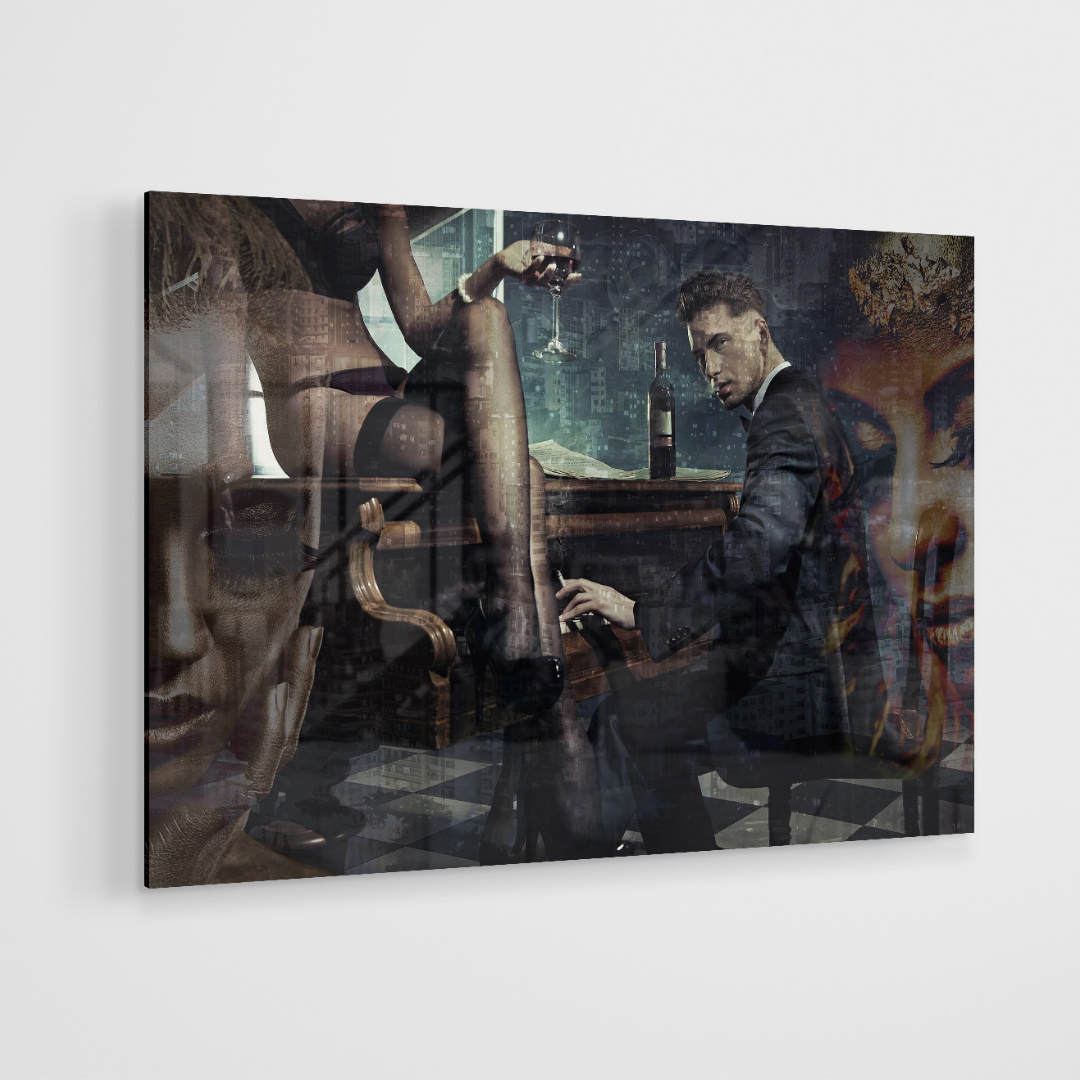Glasschilderij - Piano man - 120x80cm