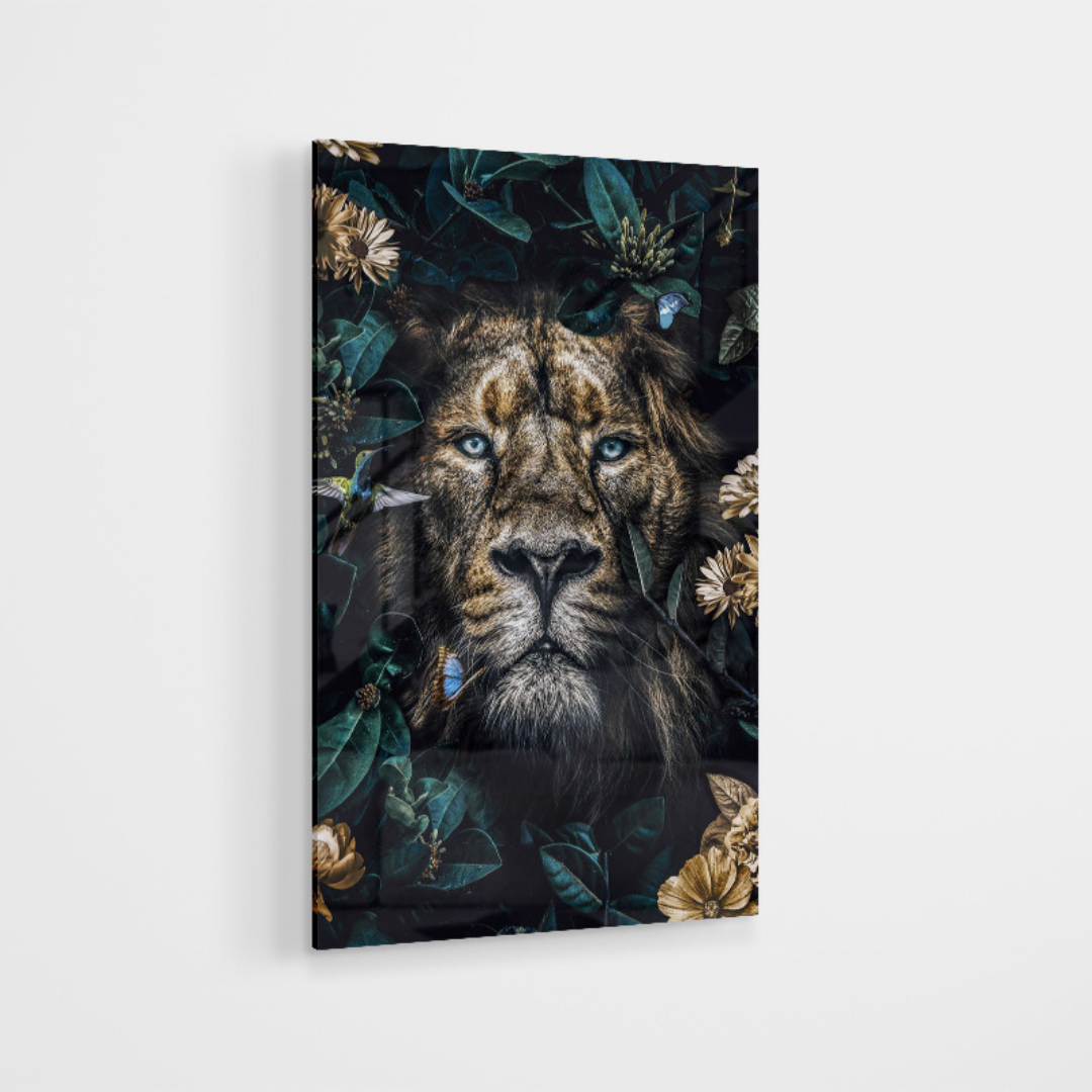 Glasschilderij - Floral lion - 80x120cm