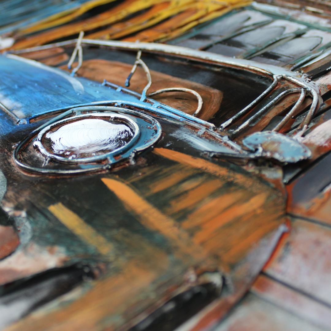 3D Schilderij Metaal - A blue car – 120x80cm