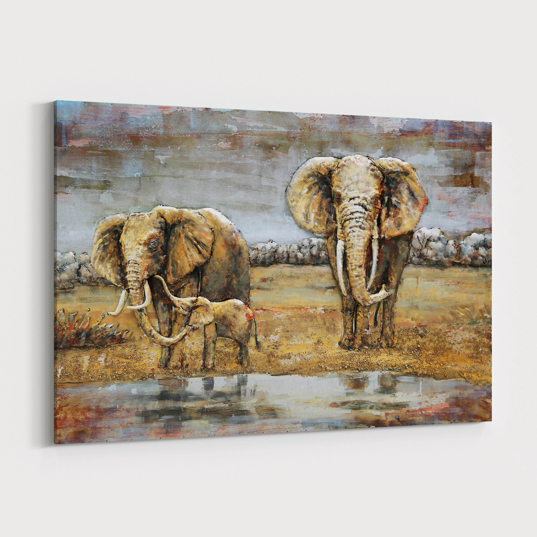 3D Schilderij Metaal - Elephant family – 120x80cm