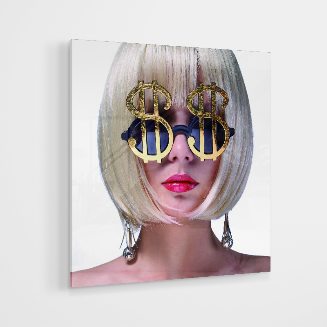 Glasschilderij - Golden Dollar Girl - 80x80cm