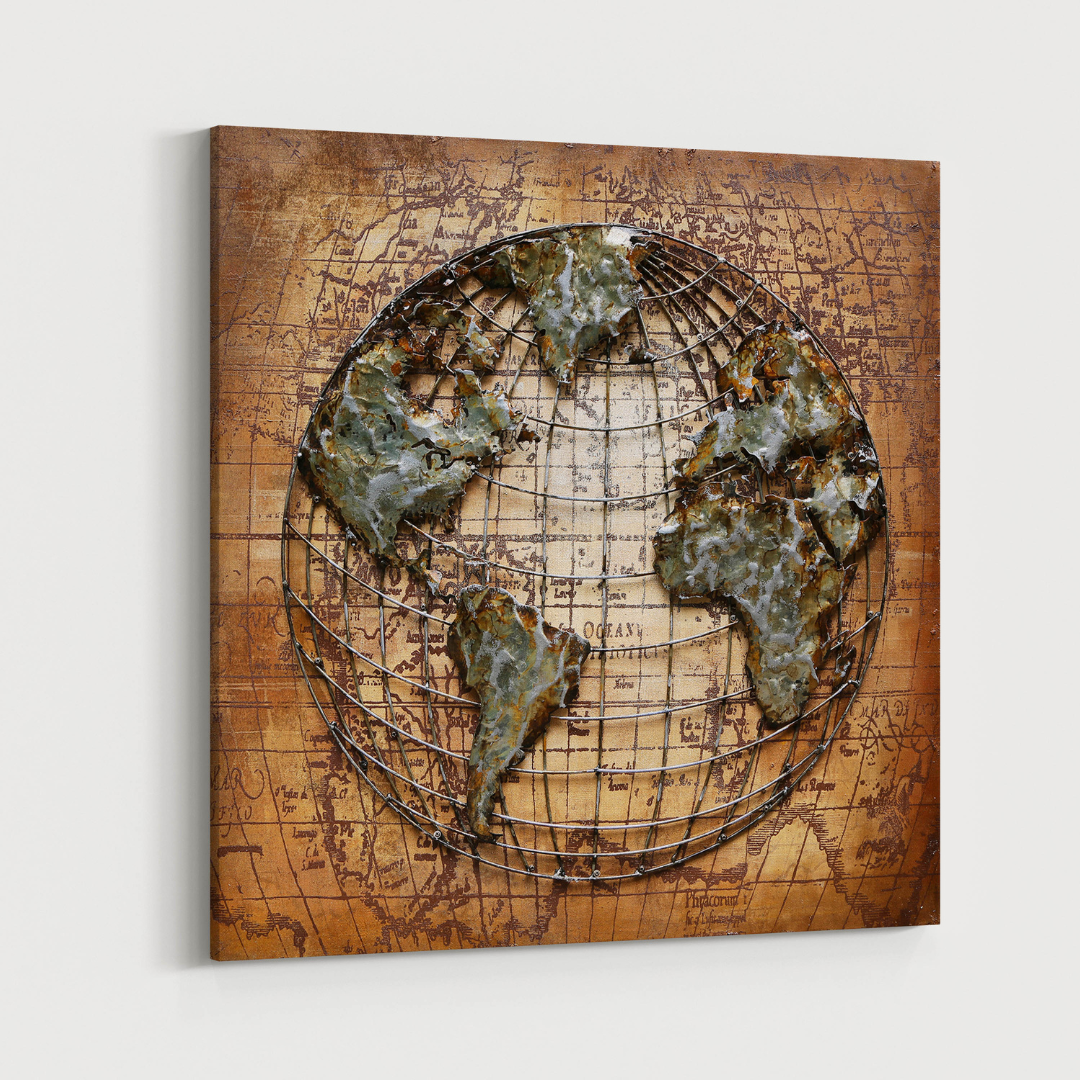 3D Schilderij Metaal - Wereld bol – 100x100cm