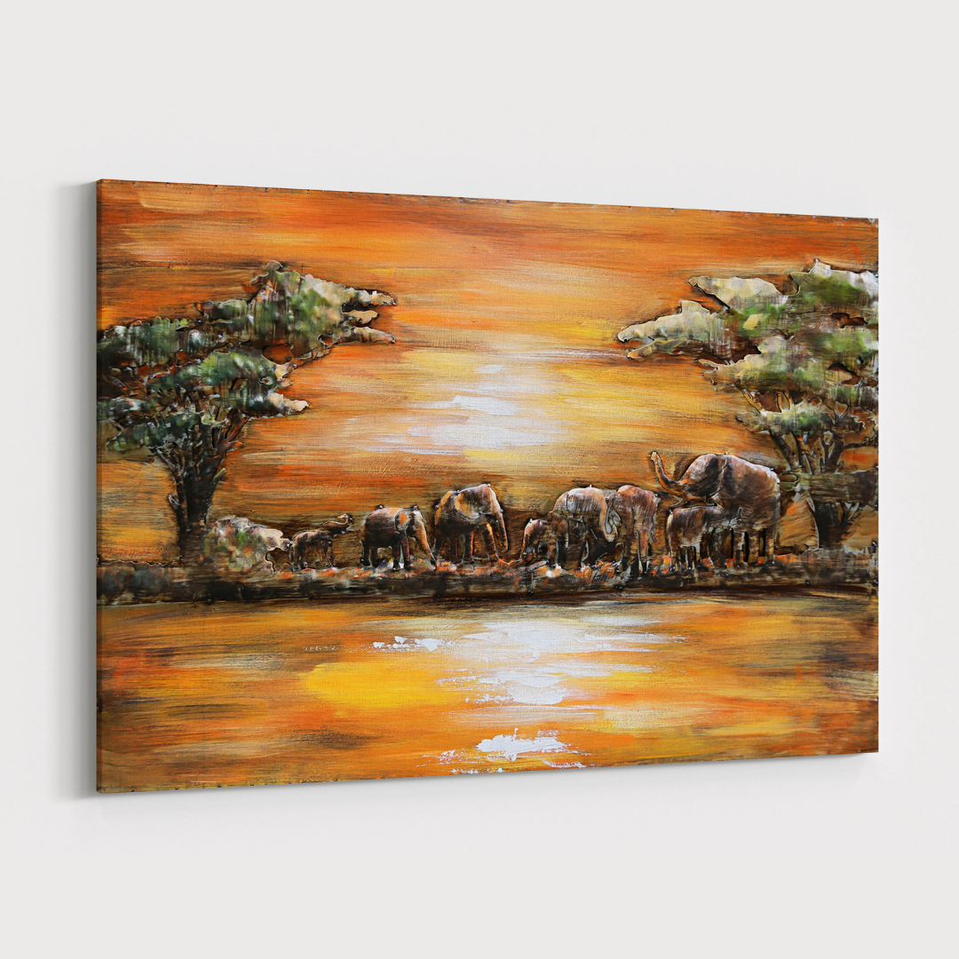 3D Schilderij Metaal - Elephants sunset – 120x80cm
