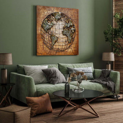 3D Schilderij Metaal - Wereld bol – 100x100cm