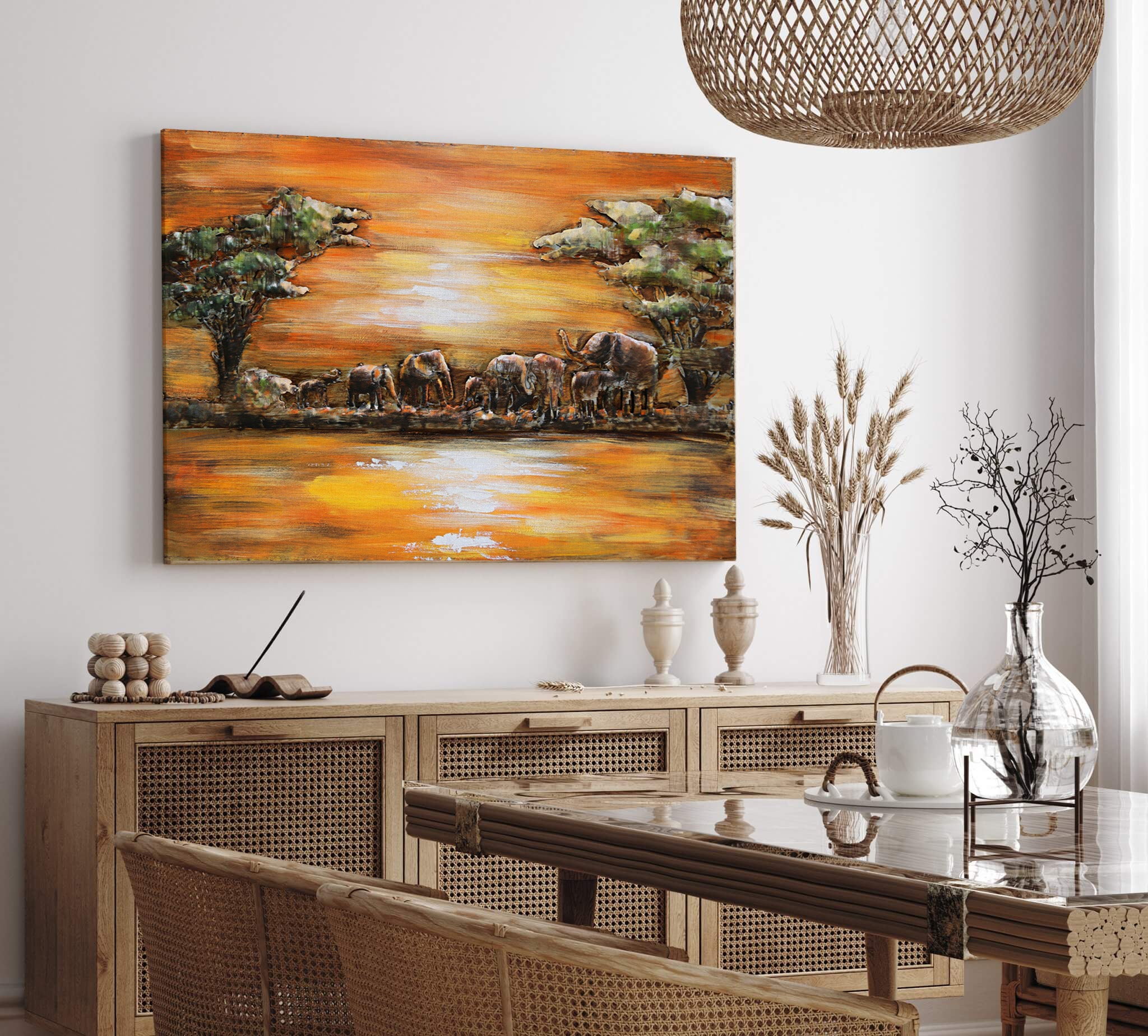 3D Schilderij Metaal - Elephants sunset – 120x80cm