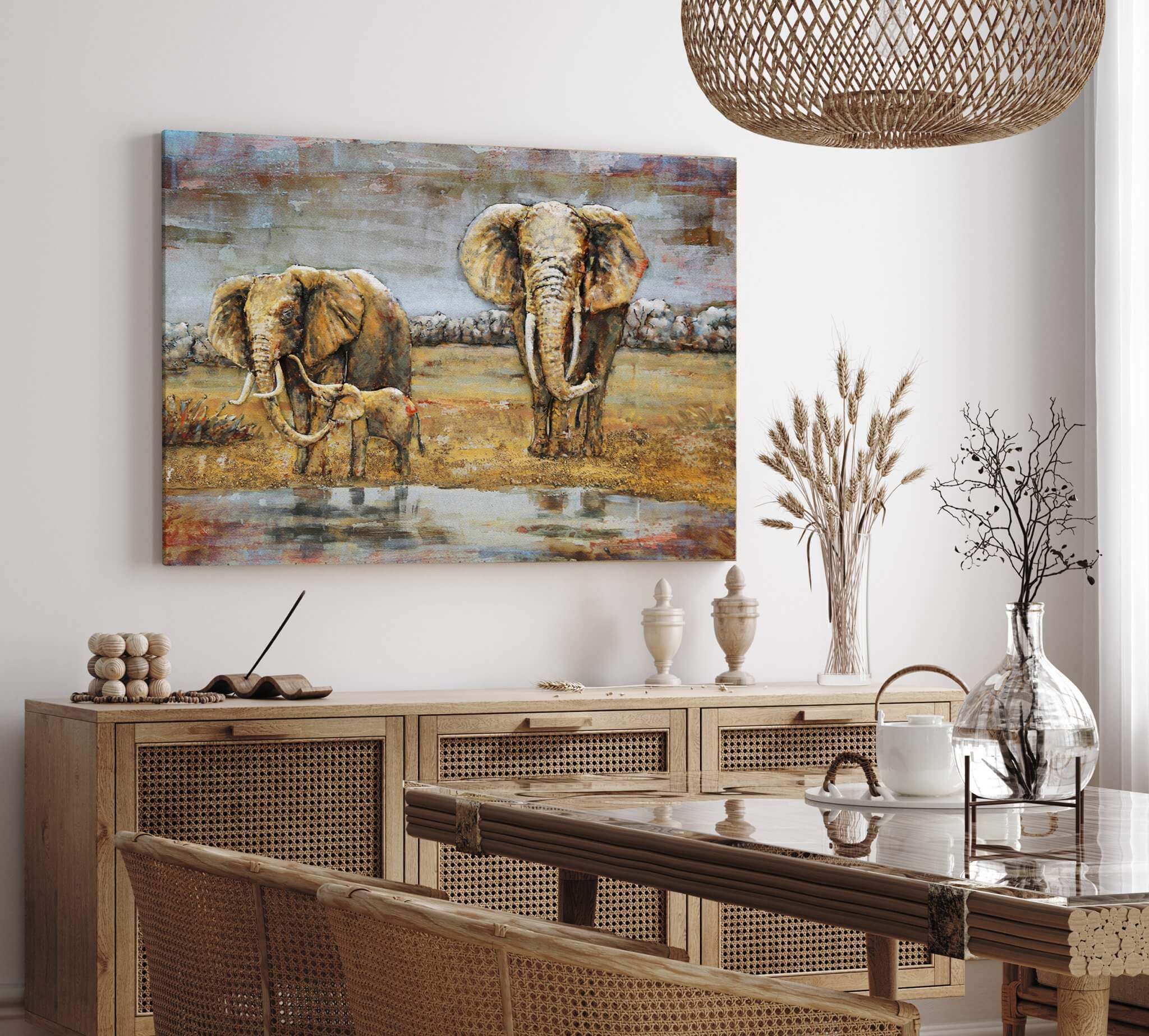 3D Schilderij Metaal - Elephant family – 120x80cm