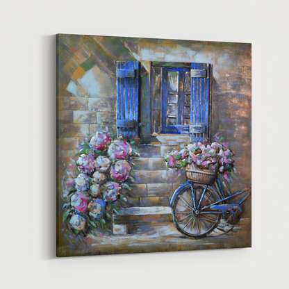 3D Schilderij Metaal - Bicycle with flowers – 100x100cm