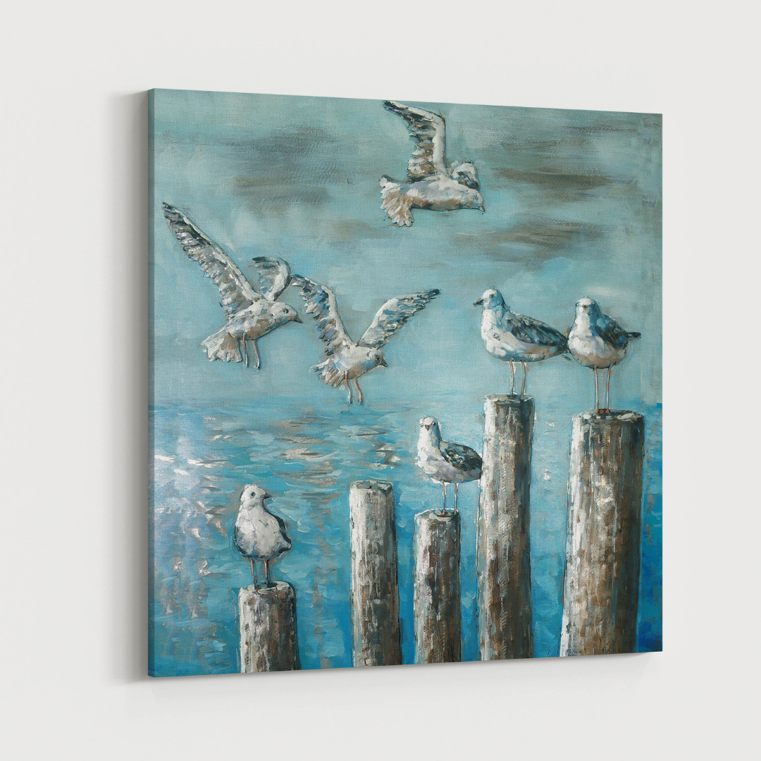 3D Schilderij Metaal - Meeuwen zeezicht - 100x100cm