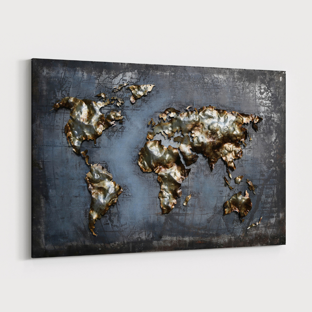 3D Schilderij Metaal - Wereldkaart – 120x80cm
