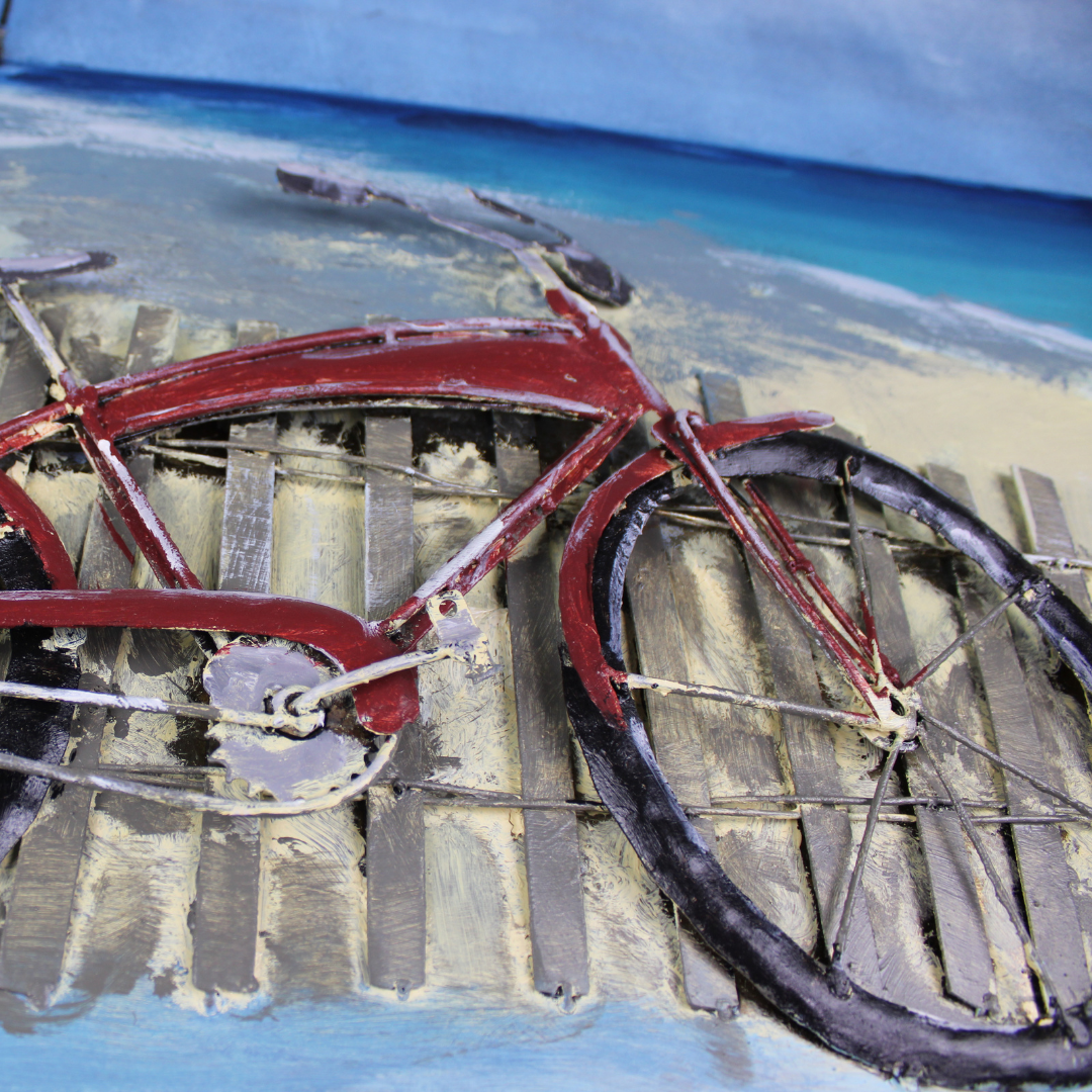 3D Schilderij Metaal - Cycle on the beach – 120x80cm
