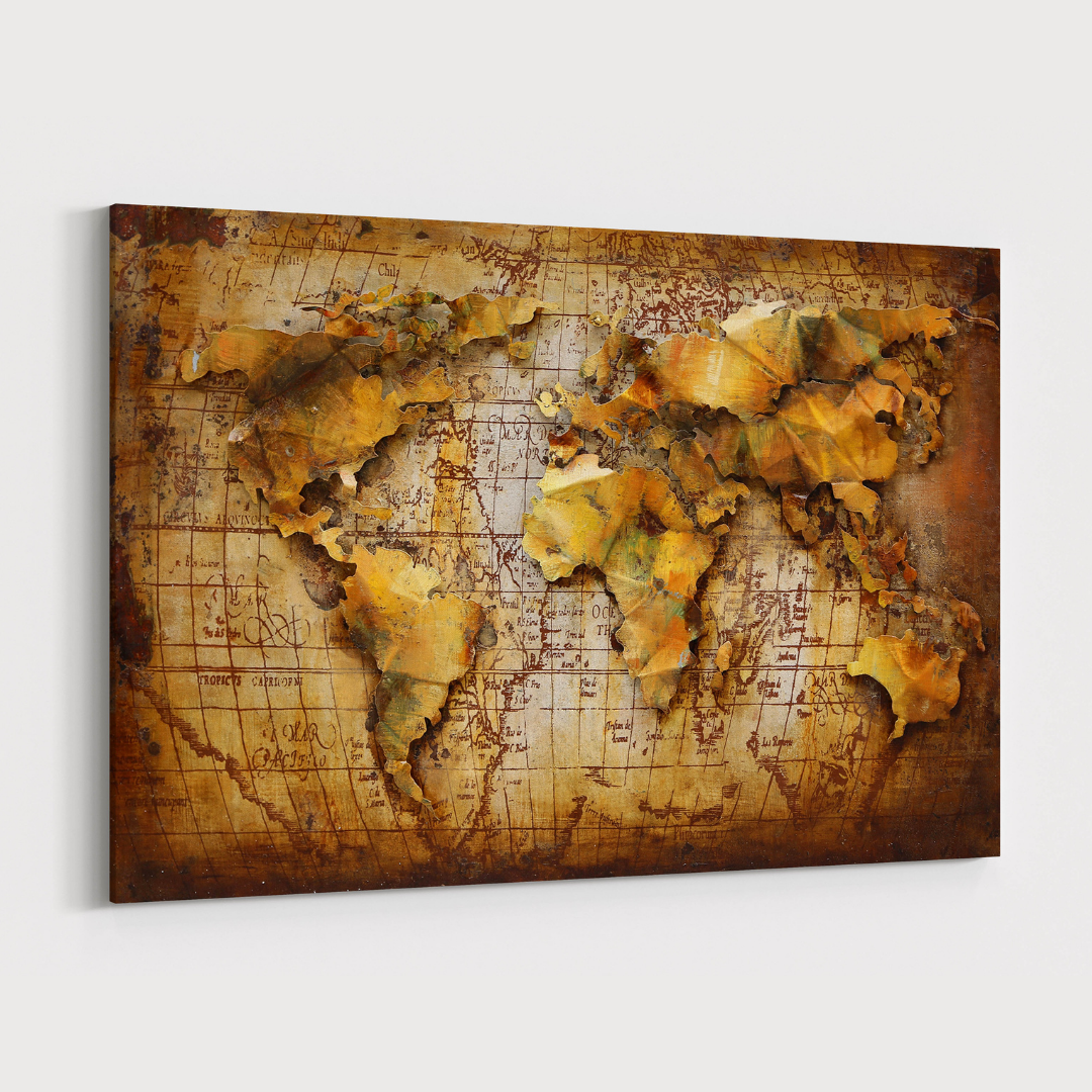 3D Schilderij Metaal - Gouden wereldkaart – 120x80cm