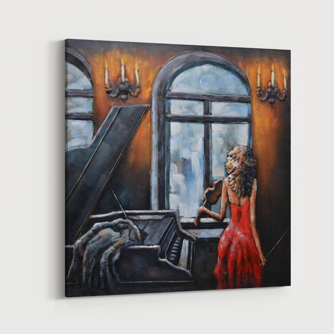 3D Schilderij Metaal - Piano woman – 100x100cm