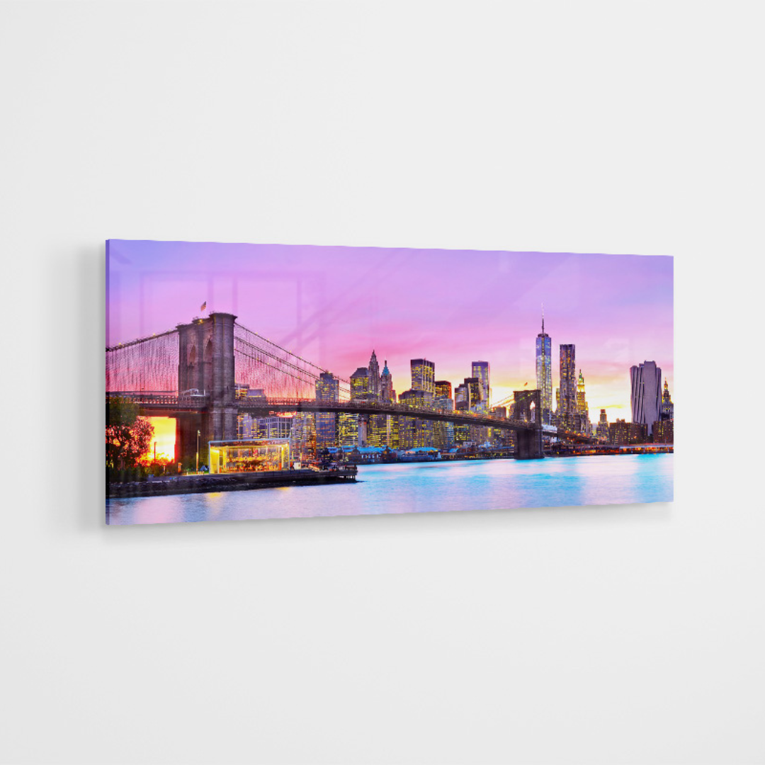 Glasschilderij - City under sunset - 60x160cm