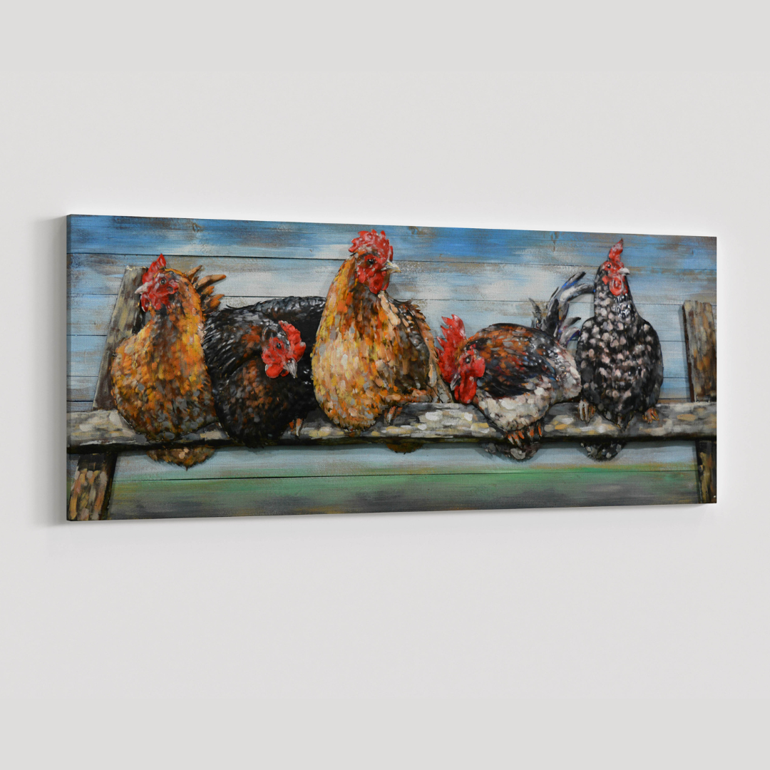 3D Schilderij Metaal - Kippen – 60x150cm