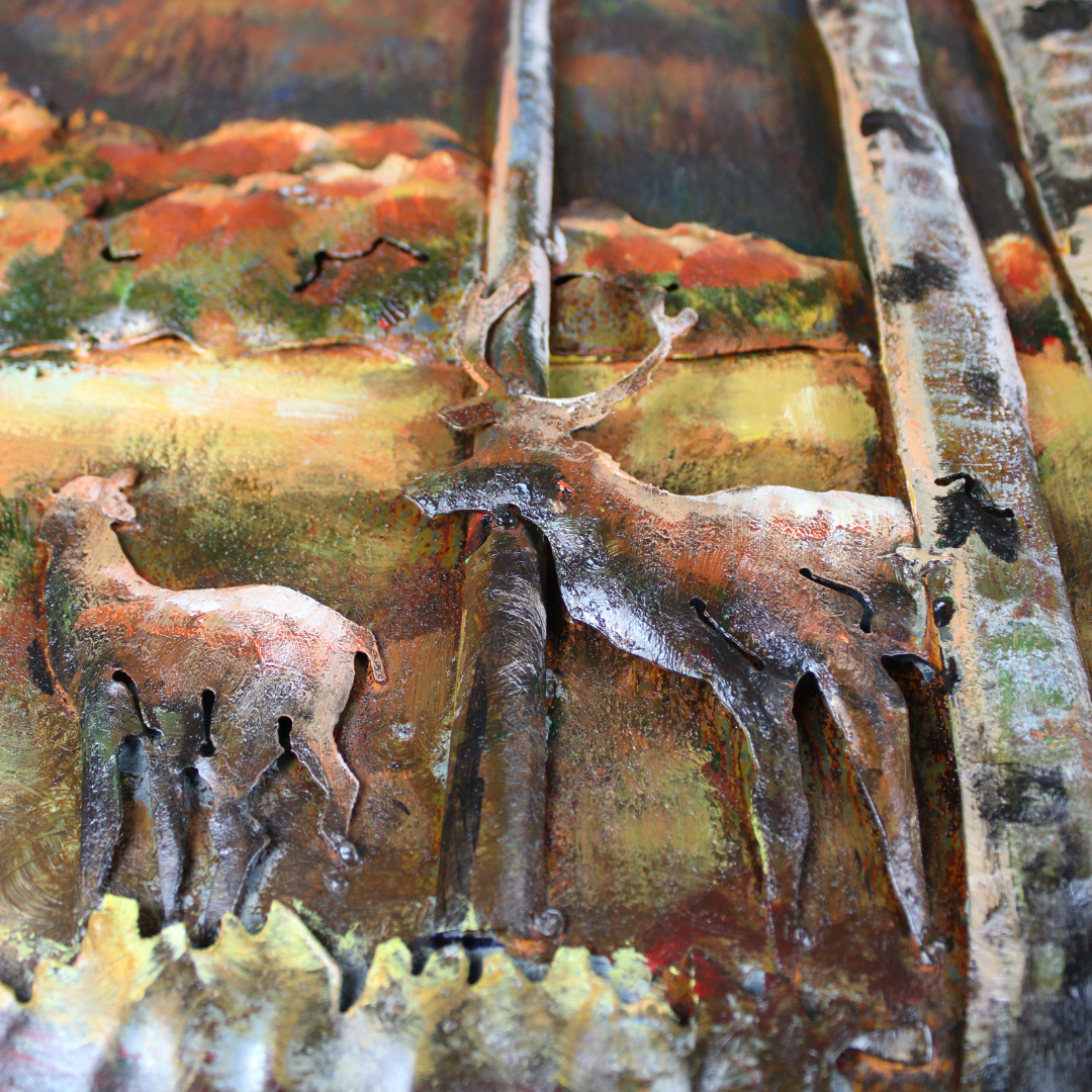 3D Schilderij Metaal - Herten in het bos – 120x80cm
