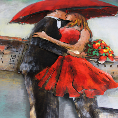3D Schilderij Metaal - Romantiek in de regen – 120x80cm